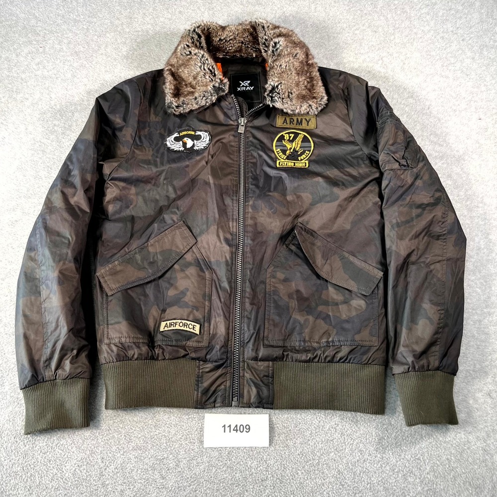 XRAY Military Jacket Mens XL Multicolor Camo Embroidered Patch Faux Fur Collared